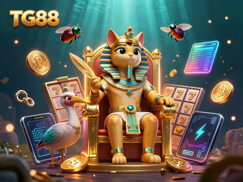 Engage in thrilling slot games with TG88, featuring a cartoon Egyptian pharaoh cat and vibrant slot reels.