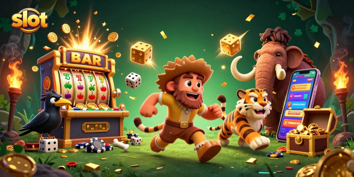 Engage with thrilling slot machines in a vibrant, prehistoric casino environment.