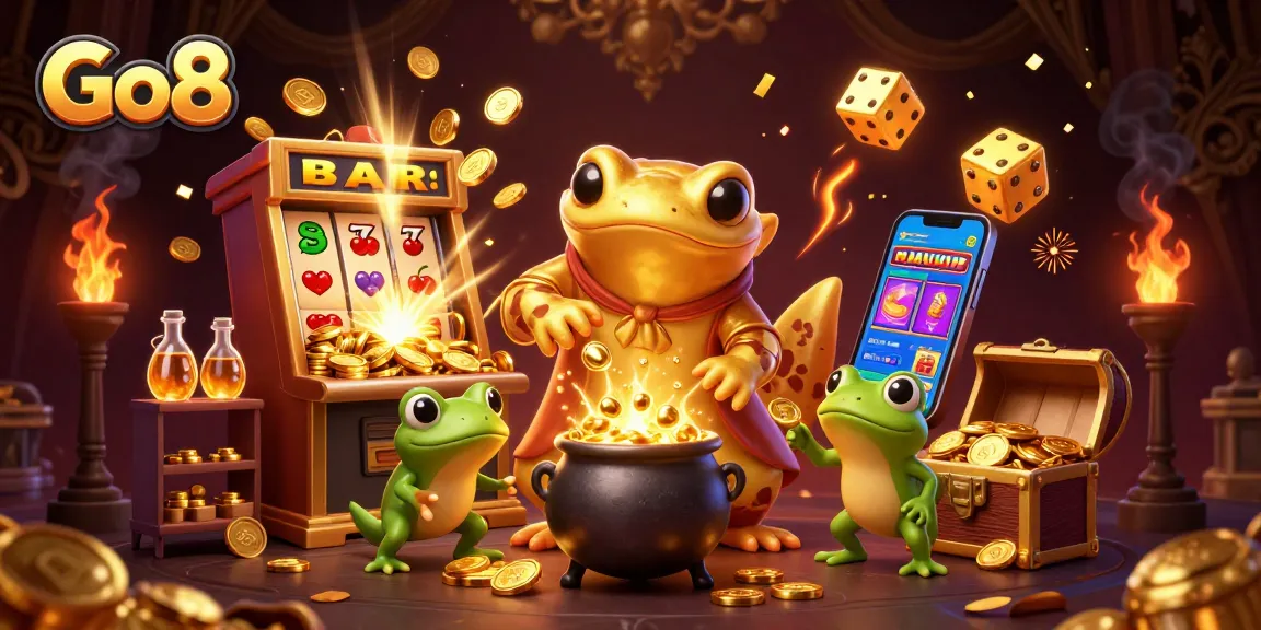 Go8 showcases a vibrant 3D casino scene with alchemists and golden elements highlighting gambling excitement.