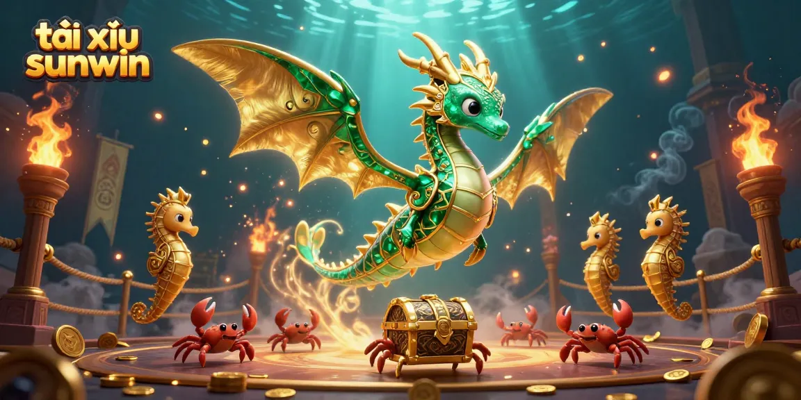 Experience the thrill of tài xỉu sunwin with a dynamic 3D illustration of mythical sea creatures and gaming elements.