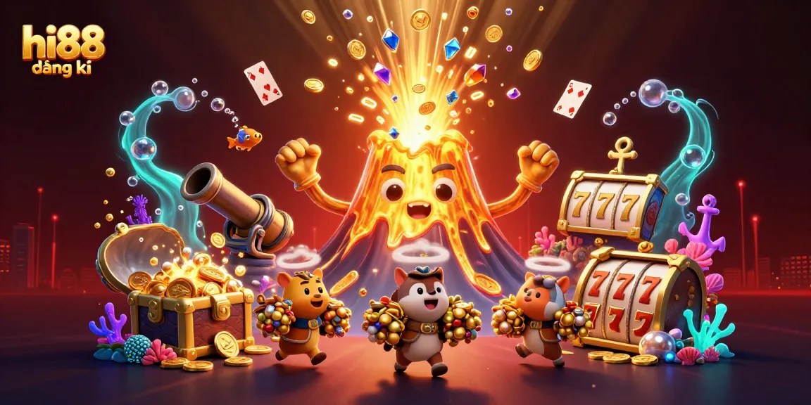 Engage in thrilling gameplay with hi88 đăng ký, featuring a vibrant 3D casino scene bursting with treasures.