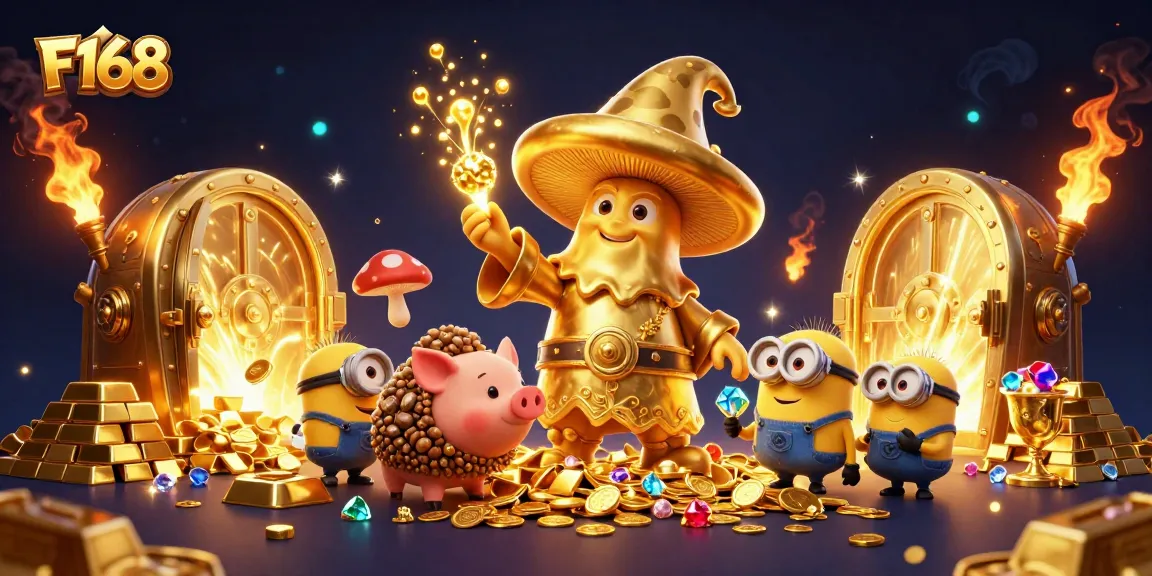 F168 elevates the gaming experience with a golden wizard and treasure in a vibrant casino world.