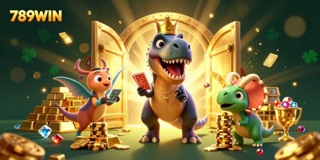 Experience the vibrant excitement of 789WIN through 3D cartoon characters in a lively casino setting.
