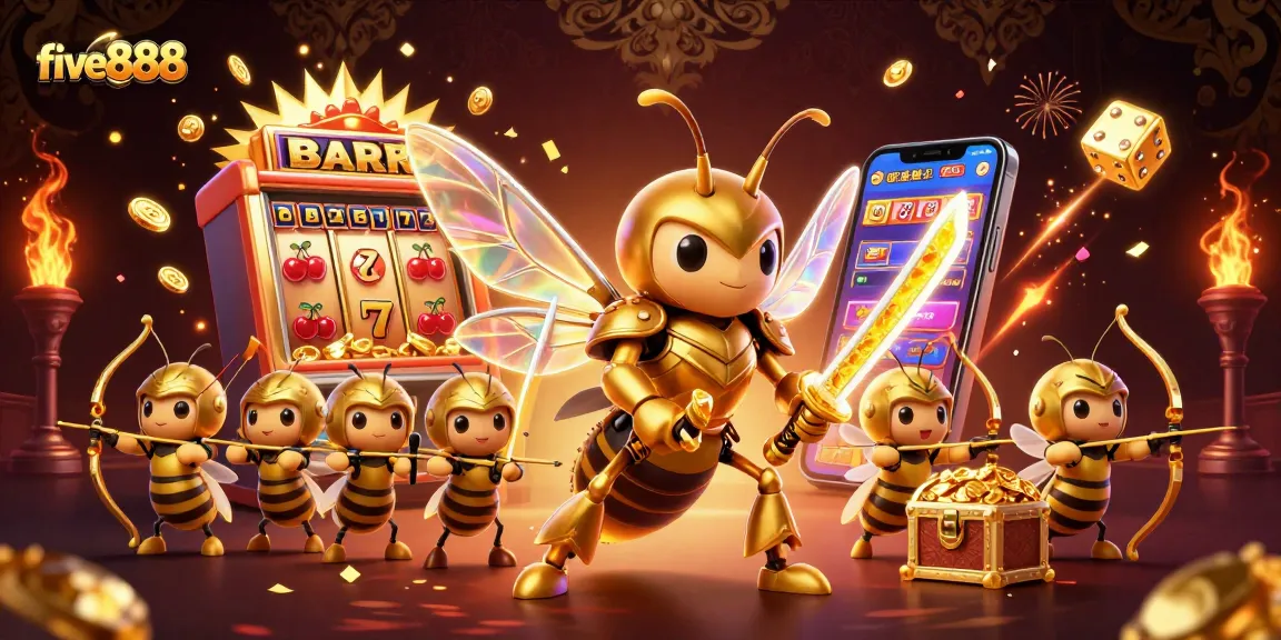 Experience big wins at five888 with an illustration of a golden hornet samurai amidst vibrant casino action.