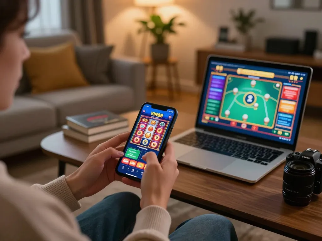 Engaging in mobile gaming with the VIN88 app, showcasing vibrant online slot graphics and gameplay.