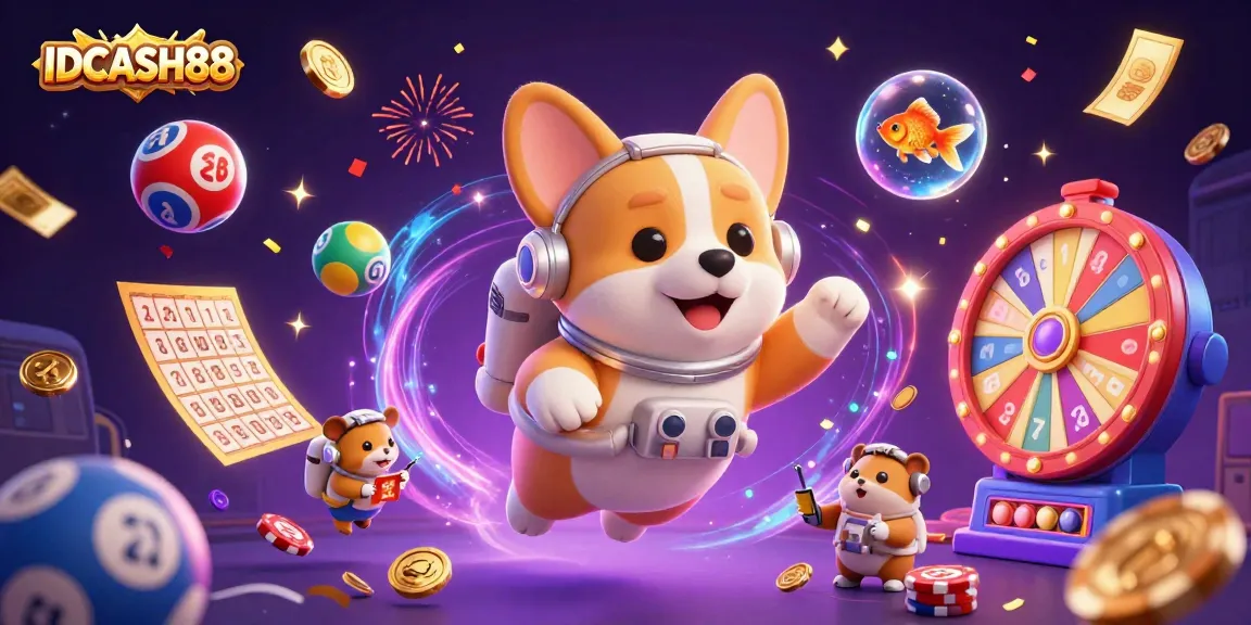 Experience fun at IDCASH88 with a floating astronaut corgi and vibrant casino elements.