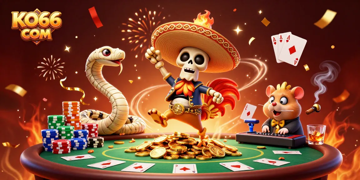 Spin the reels with KO66 COM as you enjoy a thrilling victory dance celebration in a vibrant casino scene.