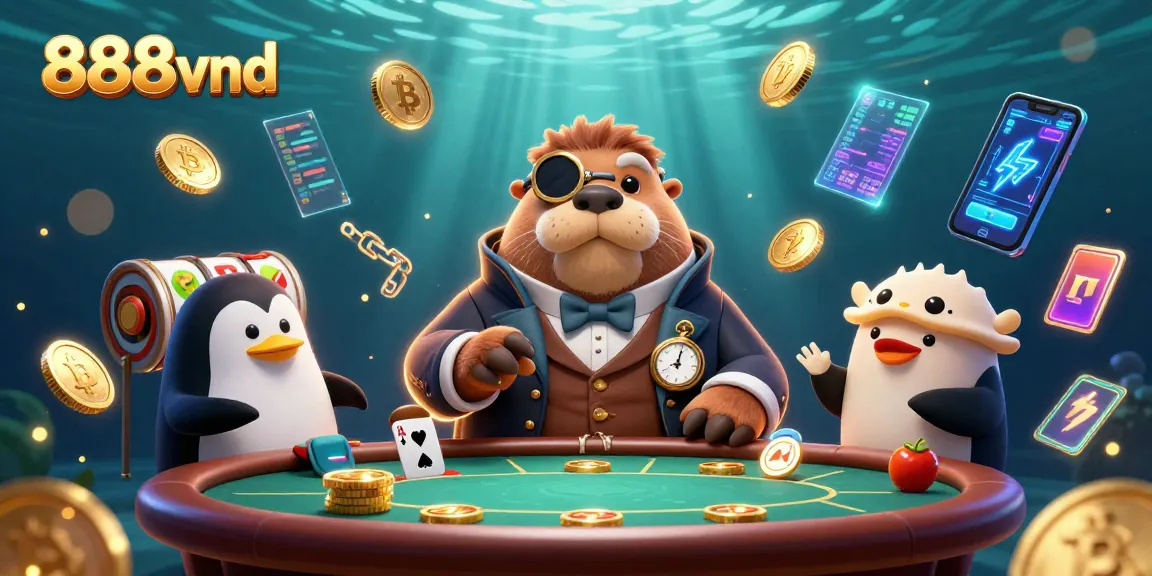 Experience excitement with 888vnd at a lively underwater poker game featuring vibrant characters and crypto elements.