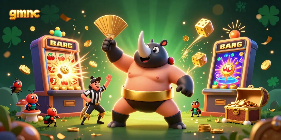 gmnc celebrates with a rhino beetle sumo champion as coins fly in a vibrant casino scene