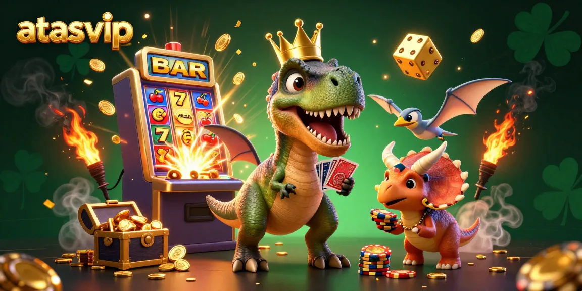 Win big at atasvip with a vibrant scene of a T-Rex shuffling cards in a colorful casino.