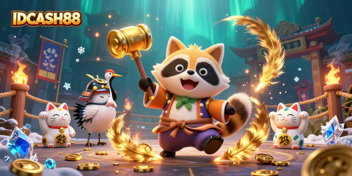 Play thrilling games on IDCASH88 with a cheerful tanuki and winning symbols in an engaging casino atmosphere.