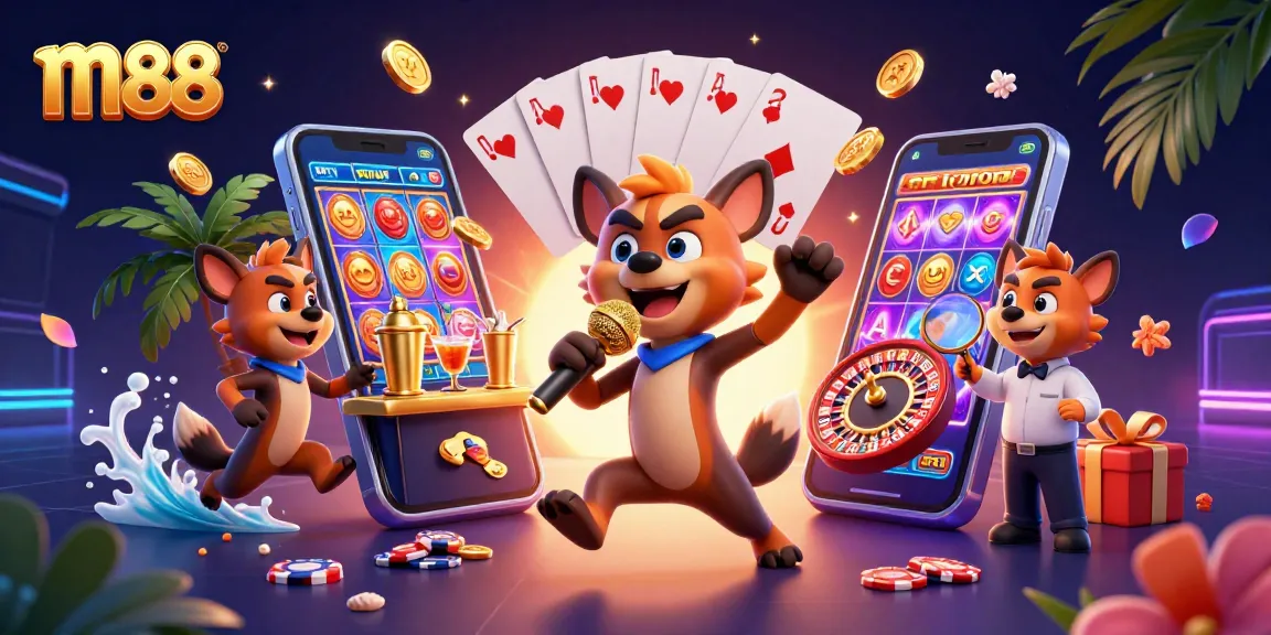 m88 showcases engaging casino experiences with hyena entertainers, slot games, and vibrant decor.