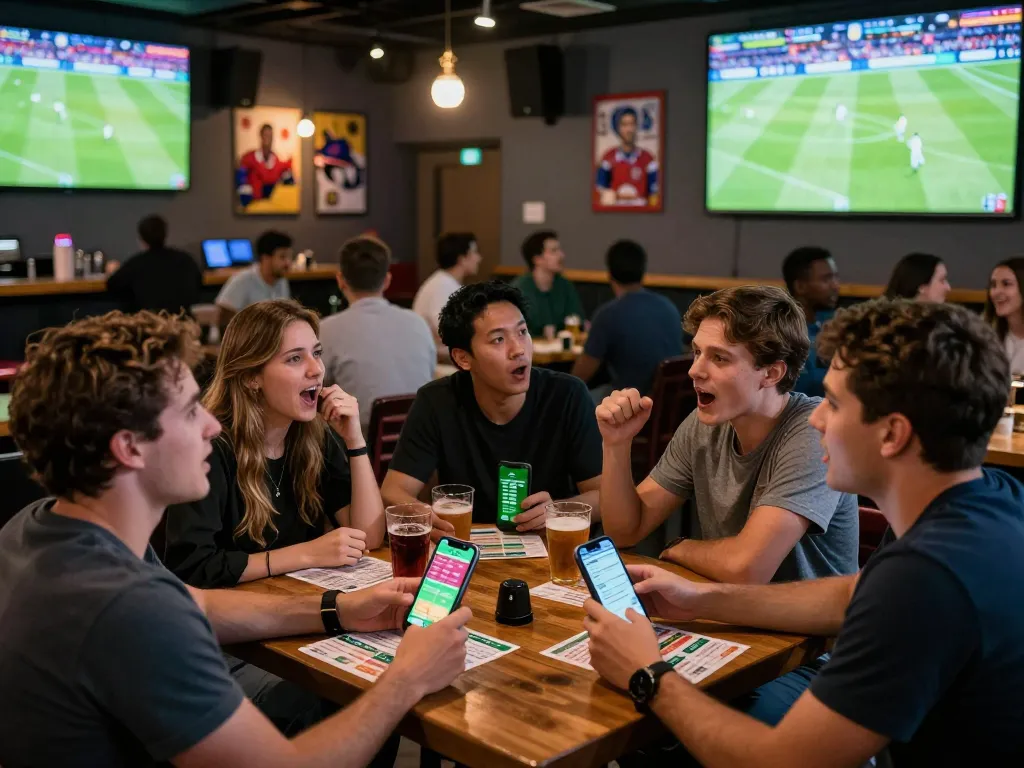 Excited patrons at a sports bar engaging in live betting and watching soccer on screens, exemplifying 7m-7m sports gaming.