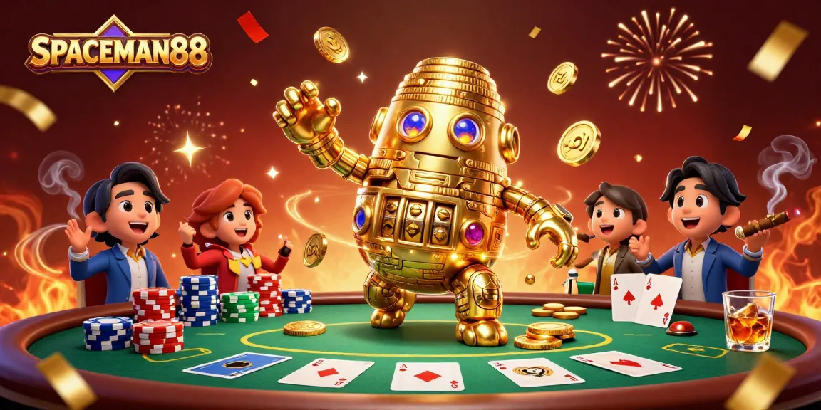 Spin and win at SPACEMAN88 with a vibrant casino scene featuring the golden golem and poker elements.