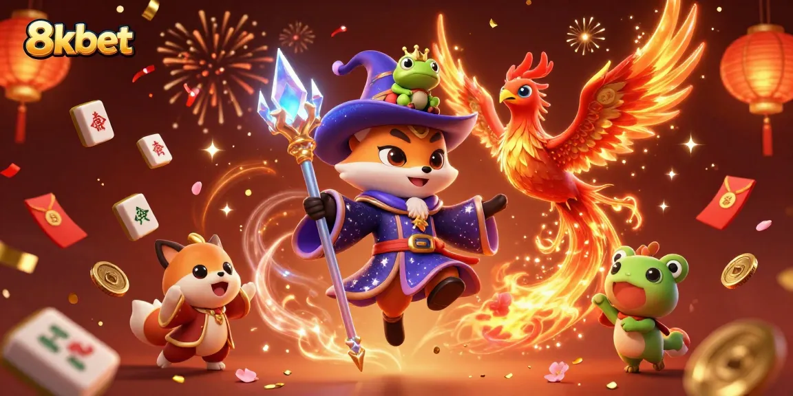 Engage with 8xbet through a vibrant casino scene featuring a wizard fox and phoenix.