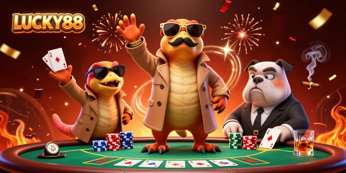 LUCKY88 showcases 3D characters engaged in a high-stakes poker environment, highlighting vibrant casino elements.