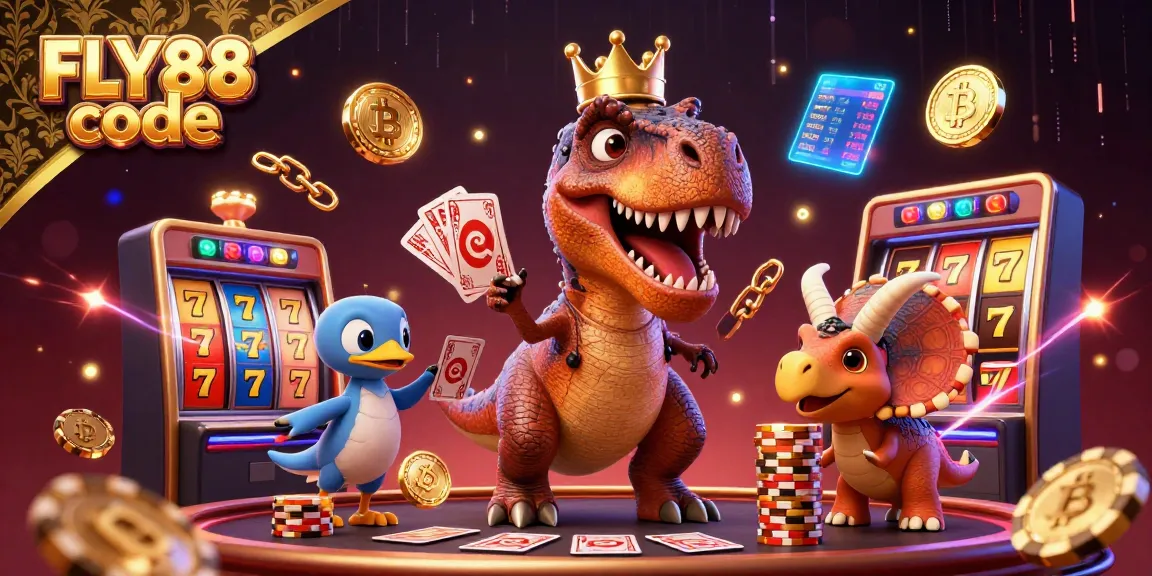 Engage with the vibrant FLY88 code illustration featuring dynamic casino elements and playful characters.