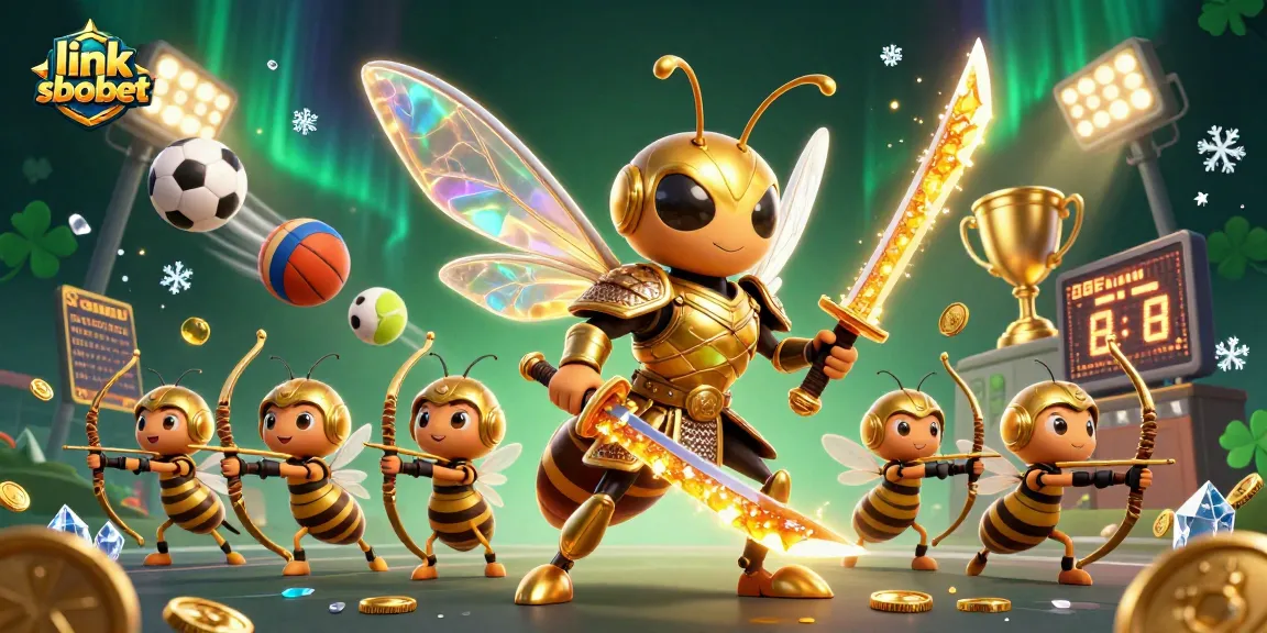Engage in thrilling bets with link sbobet, featuring a dynamic scene of a golden hornet samurai surrounded by sports elements.