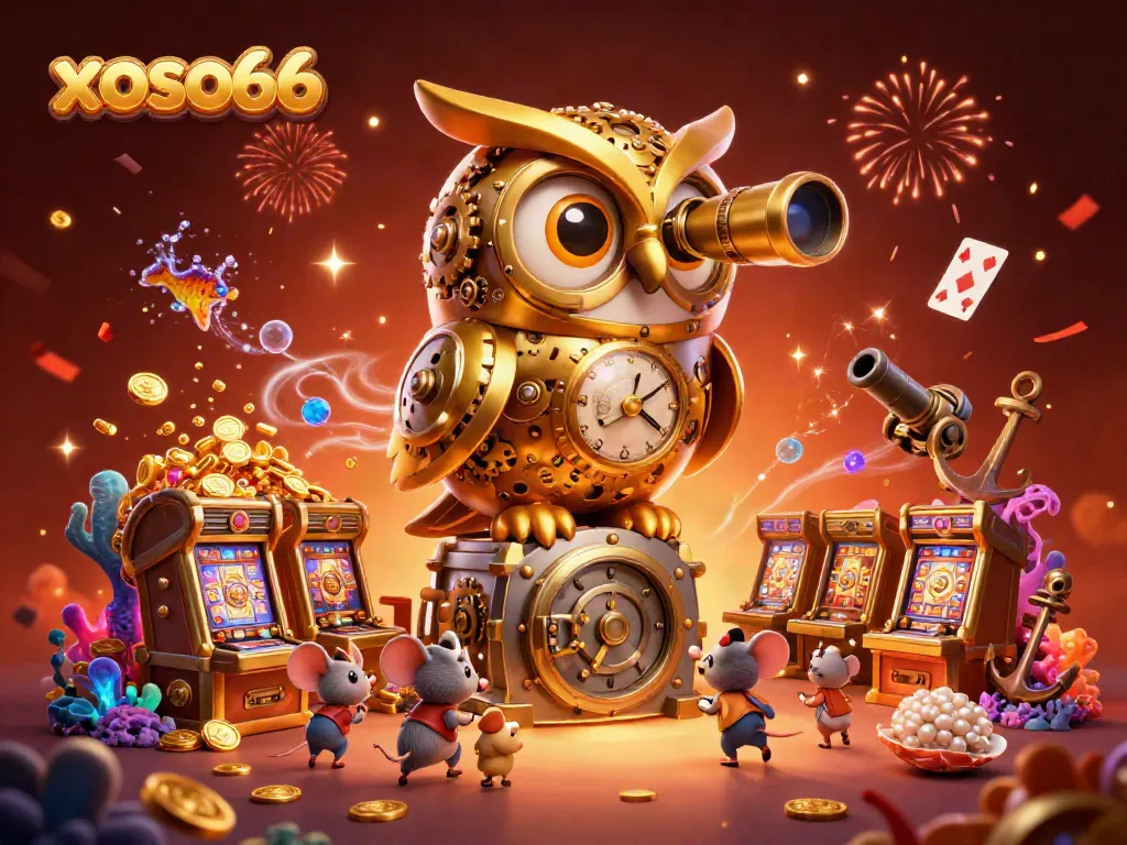 Engage in thrilling xoso66 gaming adventures with our cartoonish scene of an owl and mice in a vibrant casino.