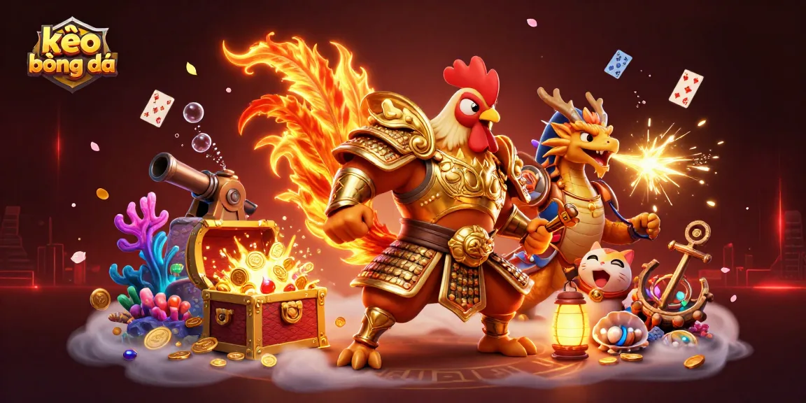Engage in kèo bóng đá with an epic scene featuring a rooster warrior and dragon hatchling celebrating victory.