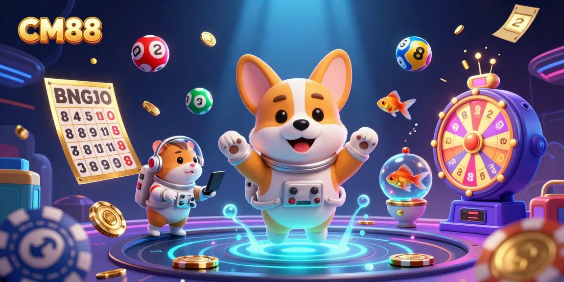 Experience CM88's space-themed casino with playful characters and vibrant lottery action.