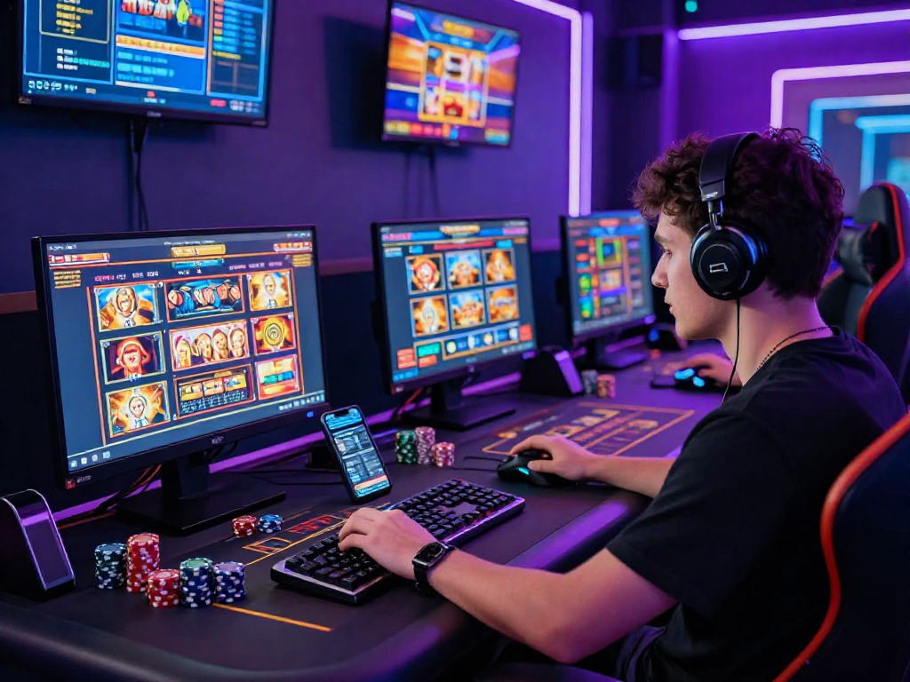 Giocatore concentrato su casino non aams online con schermi multipli e accessori da gioco di qualità