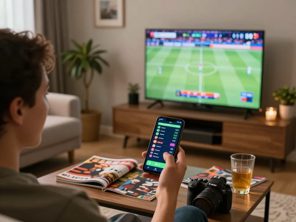 Pari sportif engageant à domicile utilisant un site de paris sportif en ligne sur smartphone avec l'excitation du jeu visible.