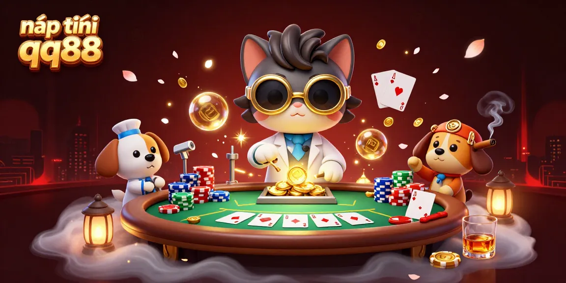Engage with vibrant action as you nạp tiền qq88 at a lively poker scene created by a mad scientist cat.