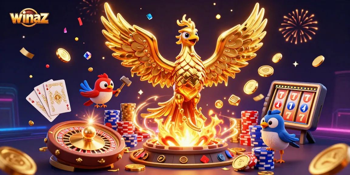 Experience excitement at winaz with a golden phoenix and vibrant casino elements.