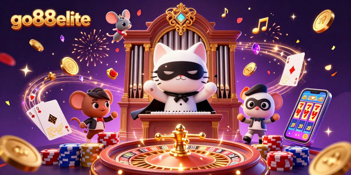 Experience the thrills at go88elite with an epic casino illustration featuring exciting games and vibrant characters.
