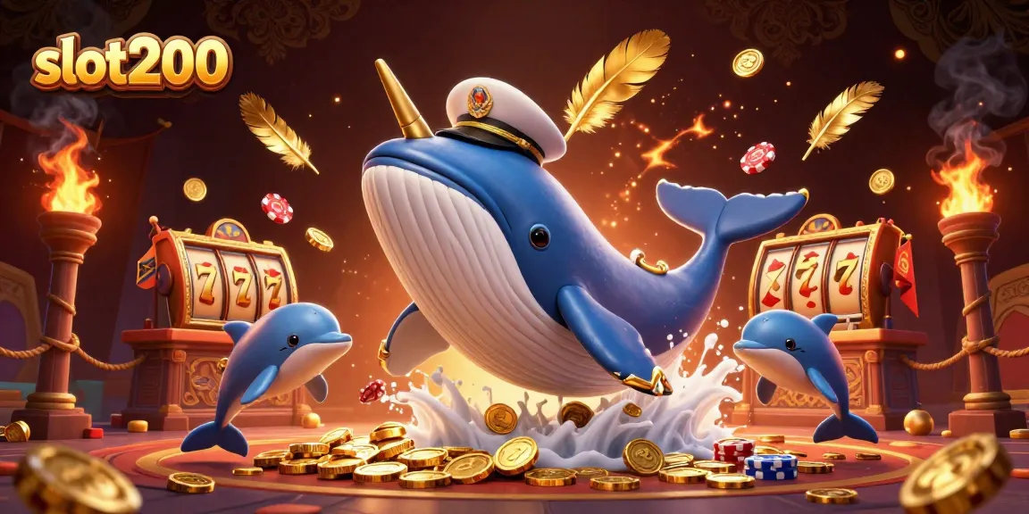 slot200 menampilkan ikan paus kartun besar bermain di atas lautan koin dengan delfin dan narwhal.