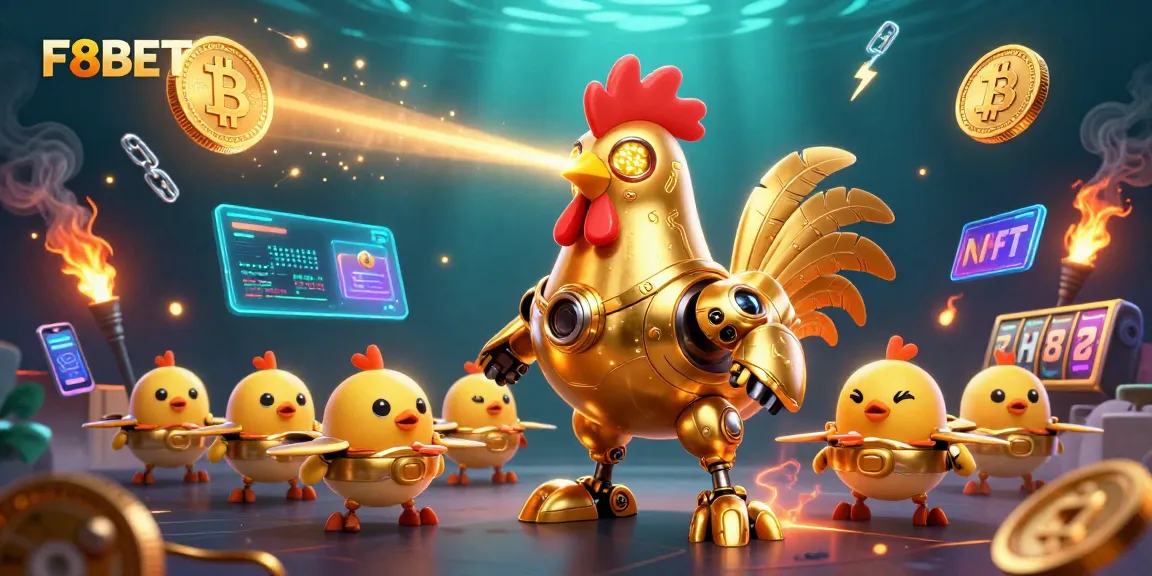 Engage with F8BET's thrilling gaming experience featuring a golden rooster robot and vibrant crypto elements.