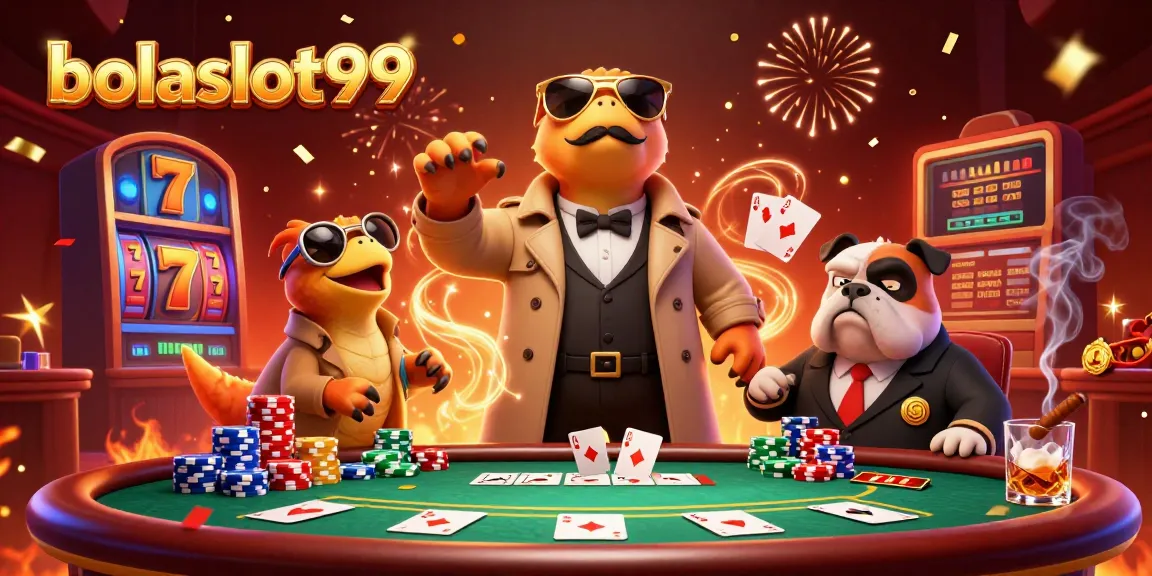 Bolaslot99 showcases raptors sneaking into a VIP casino lounge, packed with vibrant slots and poker elements.