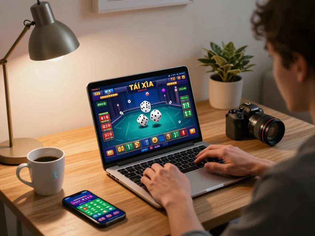 Tài xỉu online gameplay displayed on laptop, highlighting strategic betting and inviting home environment.