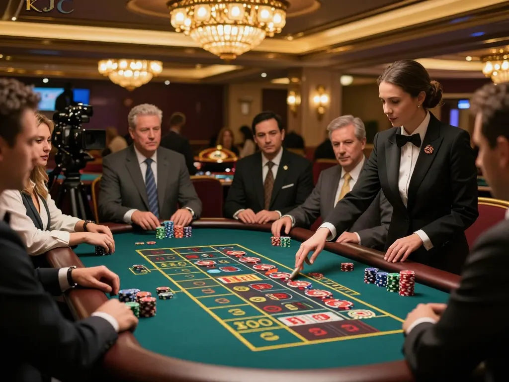 Spins at KJC Roulette table, vibrant gameplay with colorful chips and focused players in luxurious casino.