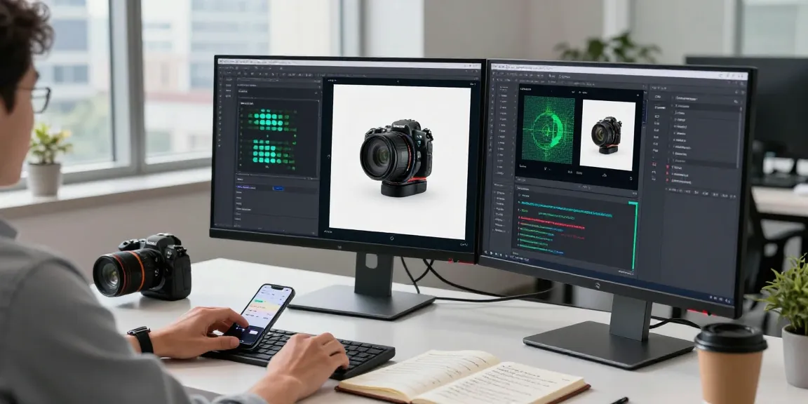 AI detector tool in use, analyzing images with confidence scores and patterns displayed on dual-monitor setup.