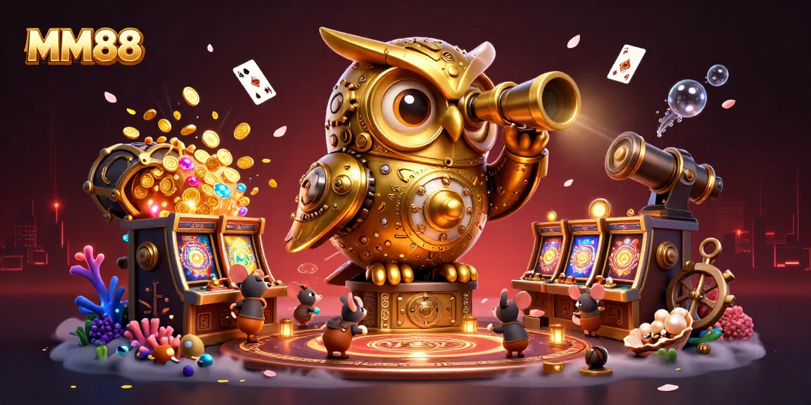 Engage in MM88's vibrant casino atmosphere with a clockwork owl and energetic gameplay elements.