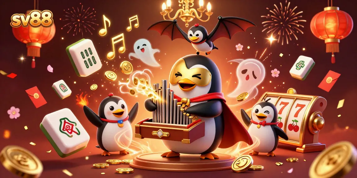 Engage with sv88's exciting 3D casino illustration featuring a penguin organist and golden coins.