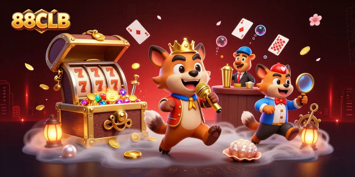 88CLB casino scene with hyenas, slot reels, and colorful treasures in a vibrant illustration