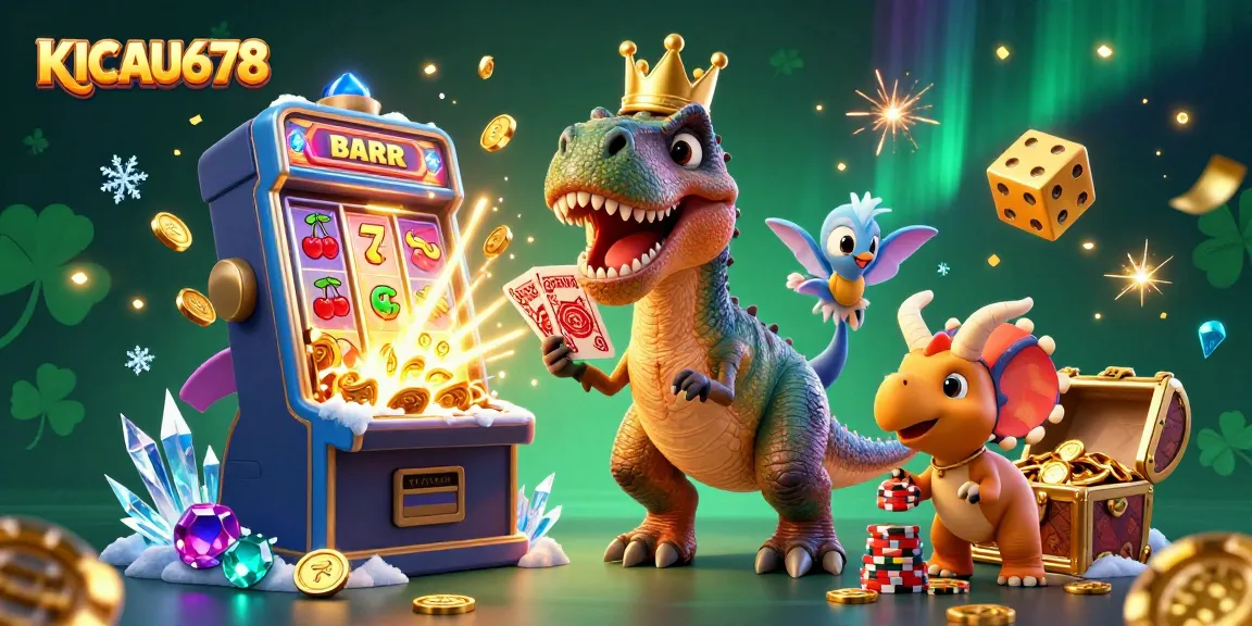 KICAU678 casino scene with a T-Rex shuffling cards, vibrant slot machine explosion, and dynamic gaming elements.
