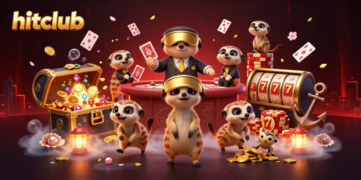Hitclub meerkats operate a vibrant casino scene with gold coins and playing cards.