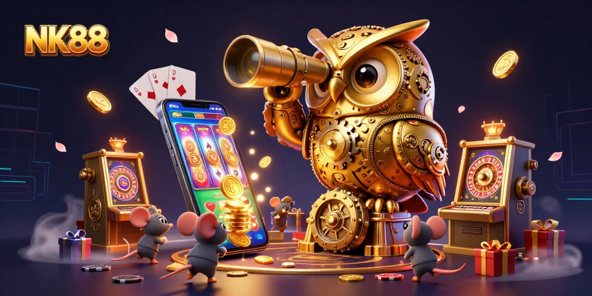 Experience thrilling slot games at NK88 with immersive golden owl and vibrant casino elements.