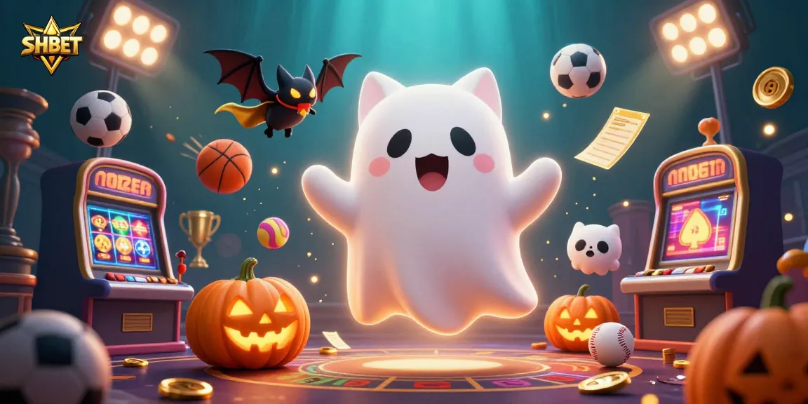 Engage with SHBET in a thrilling casino adventure featuring animated ghostly elements and vibrant sports action.