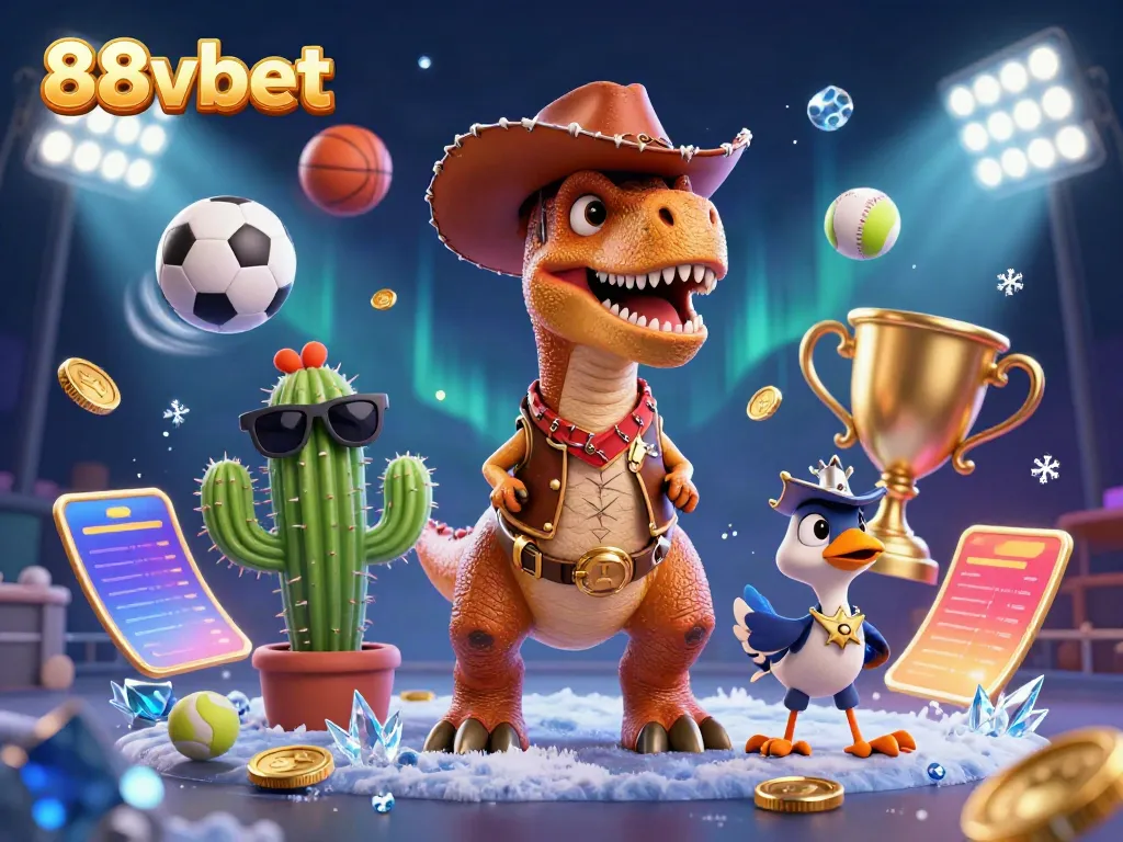 Engage in dynamic sports betting with 88vbet featuring T-Rex characters and flying sports elements.