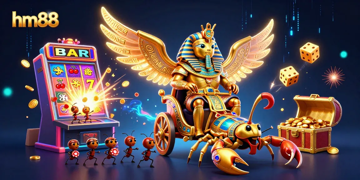 Experience excitement on hm88 with vibrant casino scenes of golden beetles, jackpots, and lively scorpions