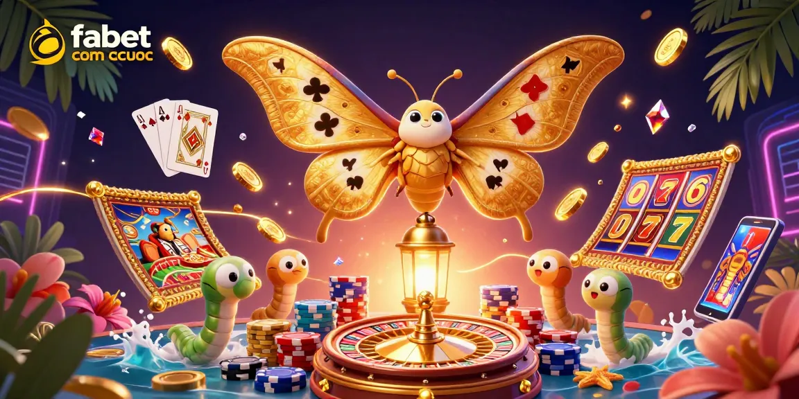 Engage with fabet com ca cuoc's vibrant casino scene featuring a golden moth and rich gambling elements.