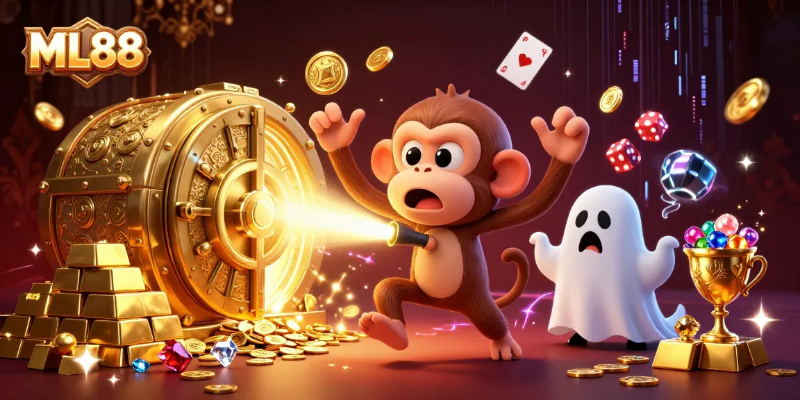 Engage with thrilling ML88 adventures as a playful poltergeist monkey juggles gold in a haunted casino.