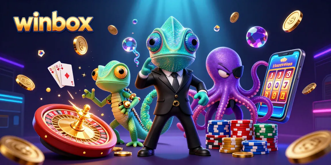 Winbox casino adventure featuring a secret agent chameleon, tech gecko, and octopus with casino elements.