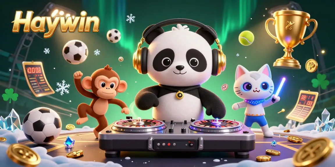 Haywin's vibrant scene showcases a DJ panda spinning roulette wheel turntables, surrounded by lively game elements.