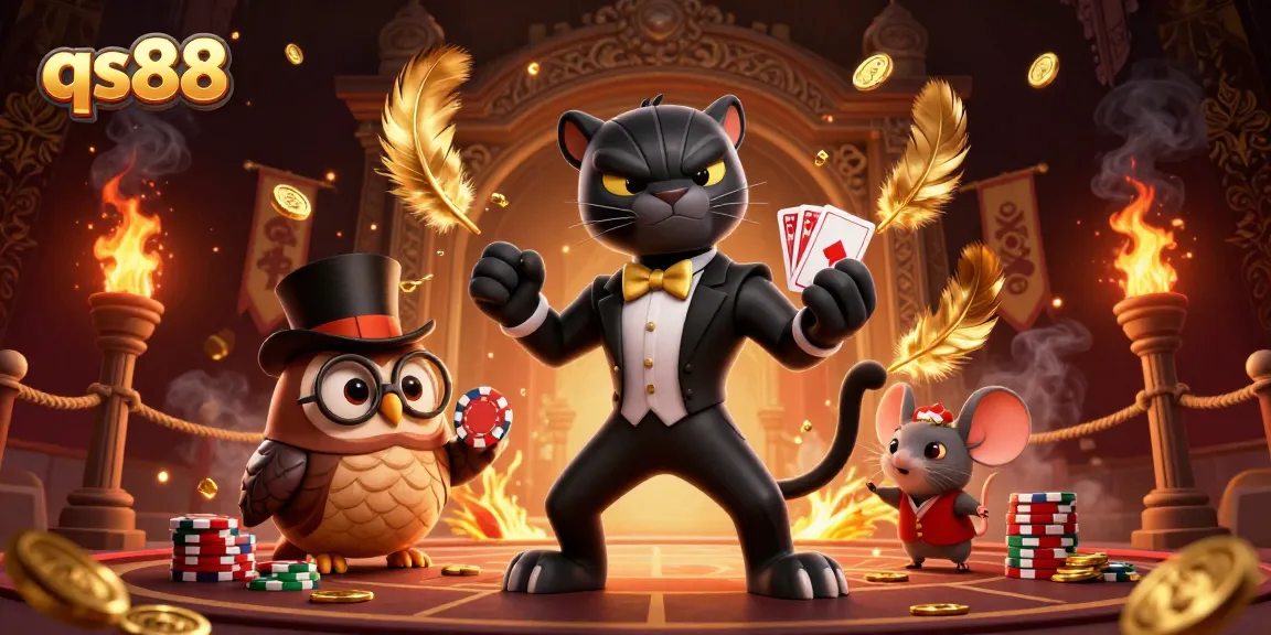 qs88 reveals vibrant 3D cartoon characters at a dynamic casino table, showcasing betting excitement with elegance.
